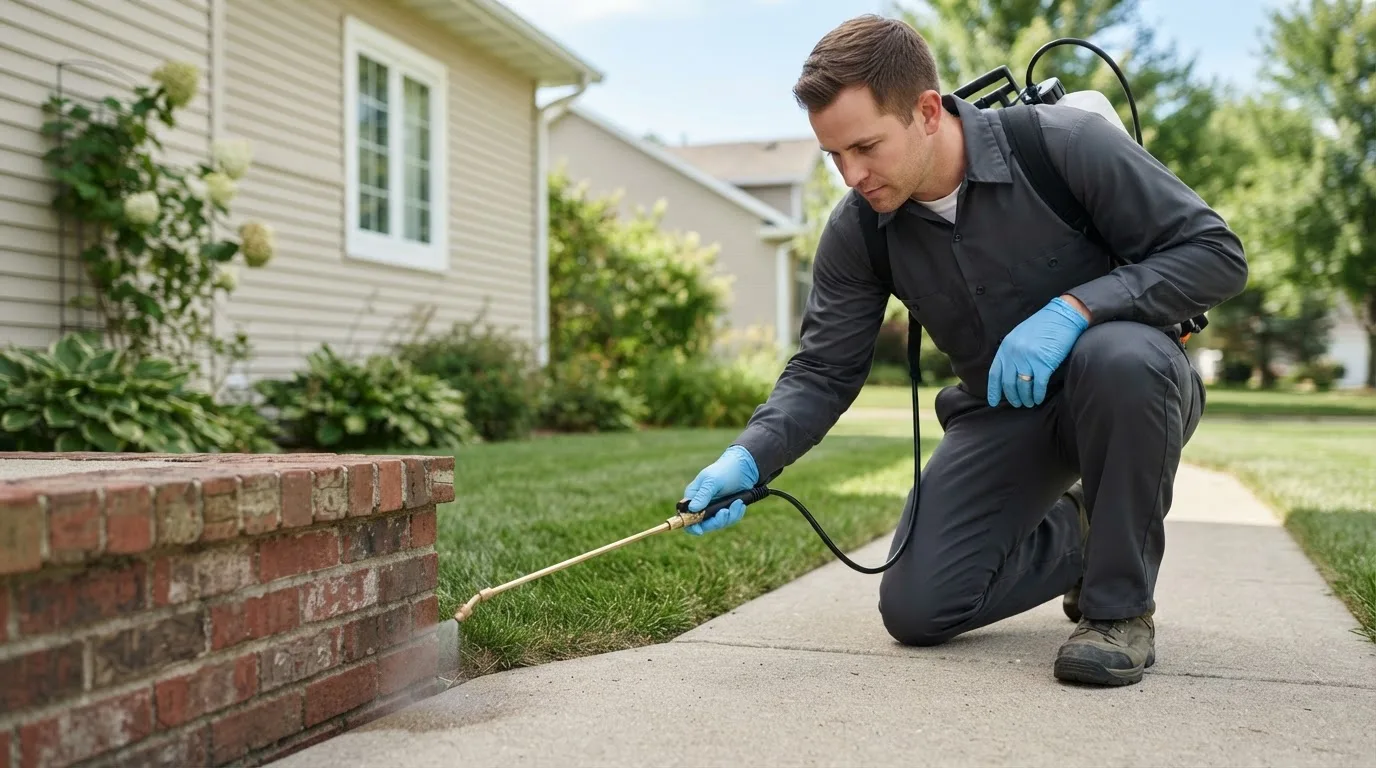 Pest control technician treating a home near Chelsea, IA