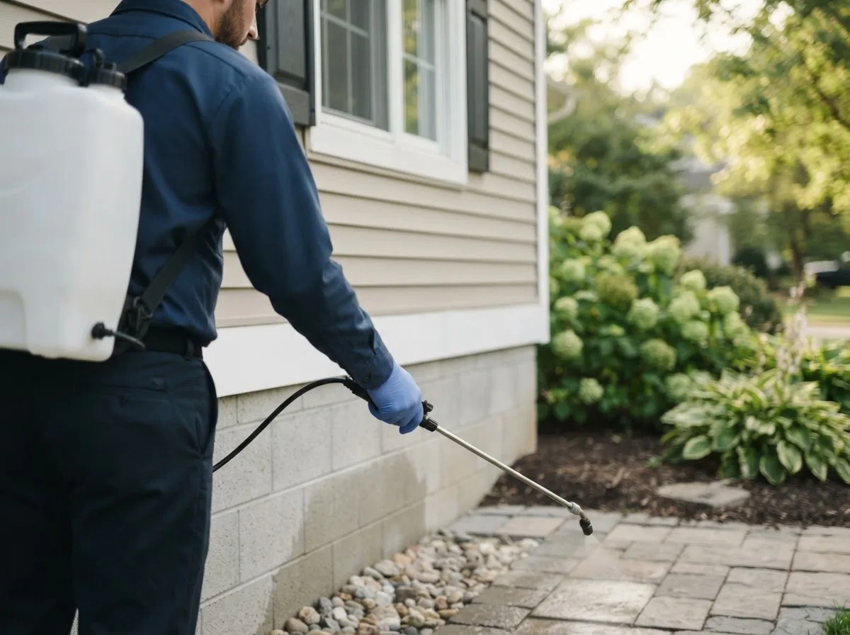 Pest control technician inspecting a home in Chelsea, IA